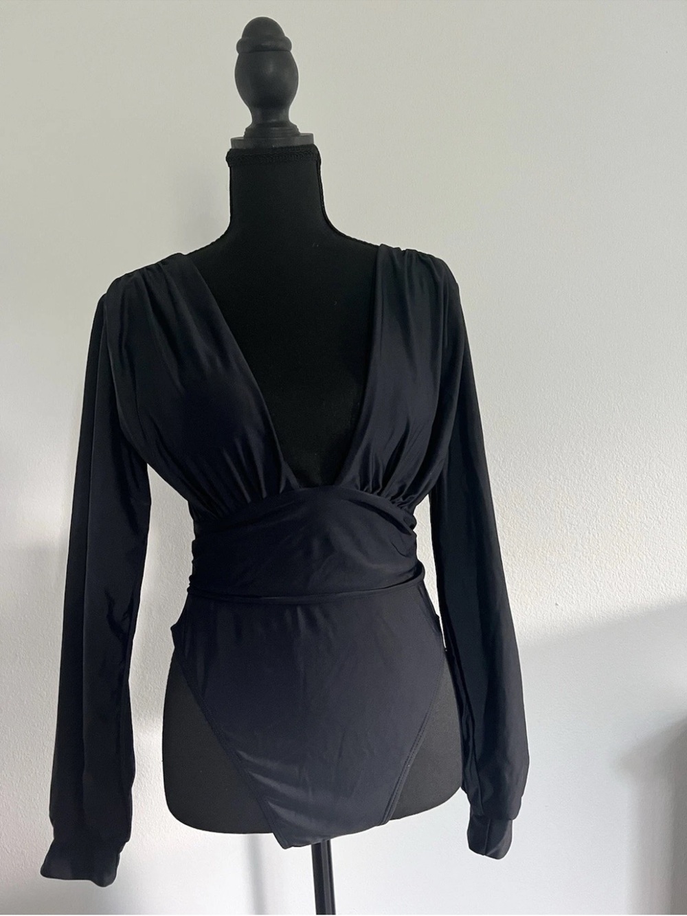 Deep V Long Sleeve Black Swimsuit